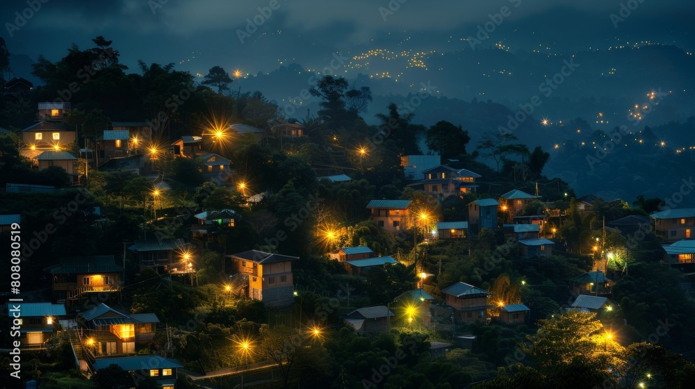 view of Lights on Houses on a Hill at Night view of Lights on Houses on a Hill at Night