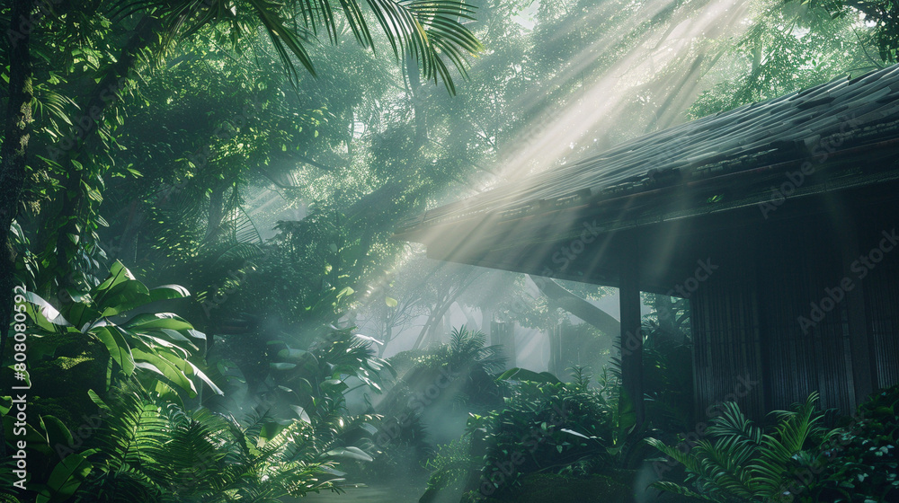 Obraz premium Tranquil Wellness Retreat Surrounded by Verdant Foliage and Soft Sunlight