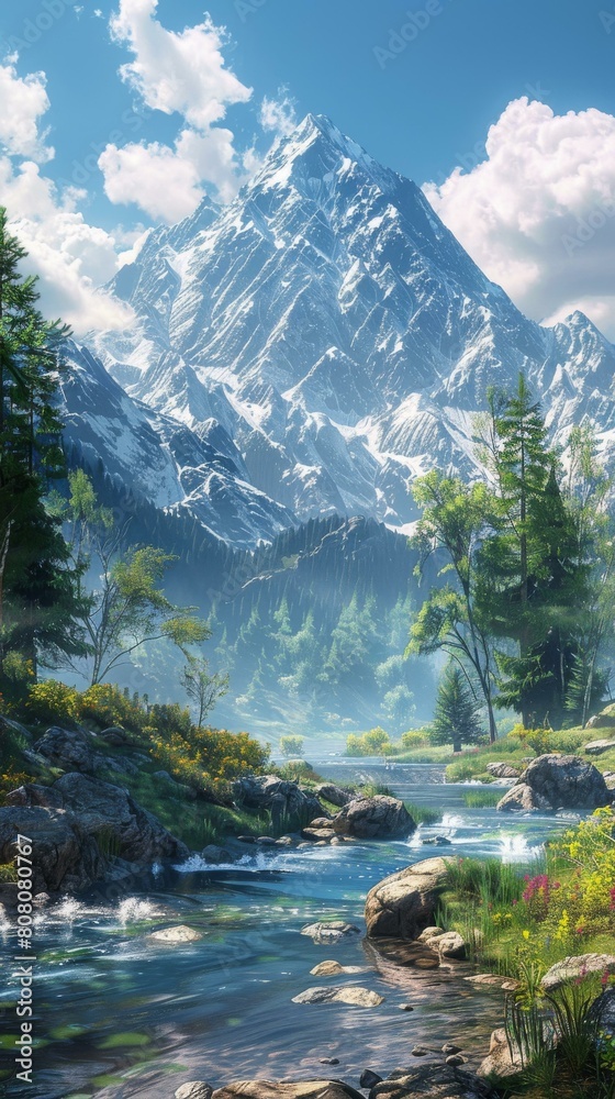 majestic snow capped mountain landscape with river flowing through valley