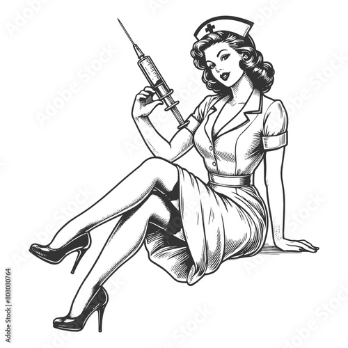 nurse with an eye patch holding syringe and medicine bottle vintage healthcare sketch engraving generative ai fictional character vector illustration. Scratch board imitation. Black and white image.