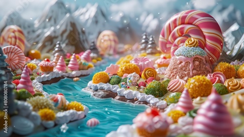 Create a realistic 3D rendering of a magical candy land