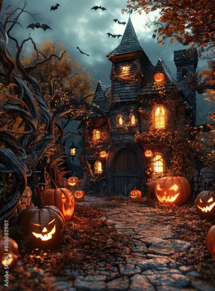 Spooky Haunted House With Pumpkins Spooky Haunted House With Pumpkins