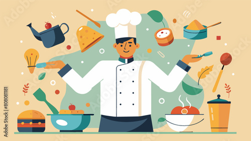 A chef in a bustling kitchen orchestrating a symphony of flavors and ingredients with meticulous precision.. Vector illustration