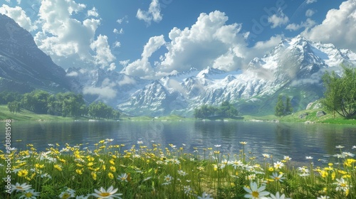Mountains, lake and flowers photo