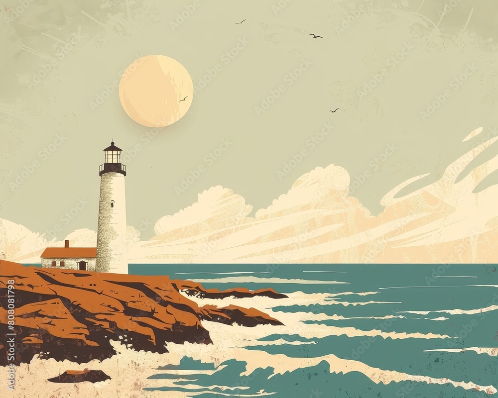 A lighthouse is on a rocky shoreline with a large moon in the sky