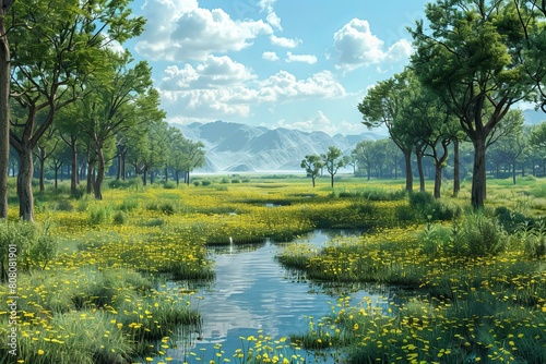 beautiful green landscape with river and yellow flowers