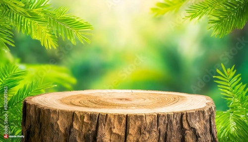 Beautiful texture of old tree stump table top on blur fruit garden farm background.For create product display or design key visual layout.