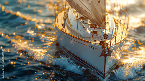 A closeup of Sailing Sailboat, against Water as background, hyperrealistic sports accessory photography, copy space