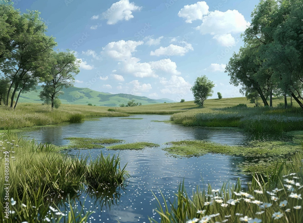 Fototapeta premium Tranquil water meadow landscape with pond and trees