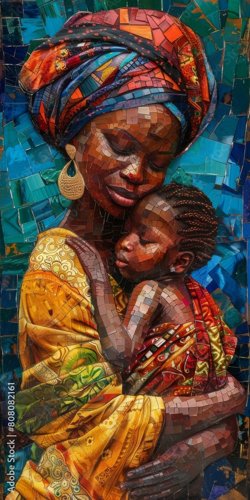 An African mother and child with colorful head wrap