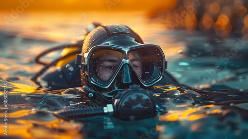 A closeup of Scuba Diving Diving gear, against Water as background, hyperrealistic sports accessory photography, copy space