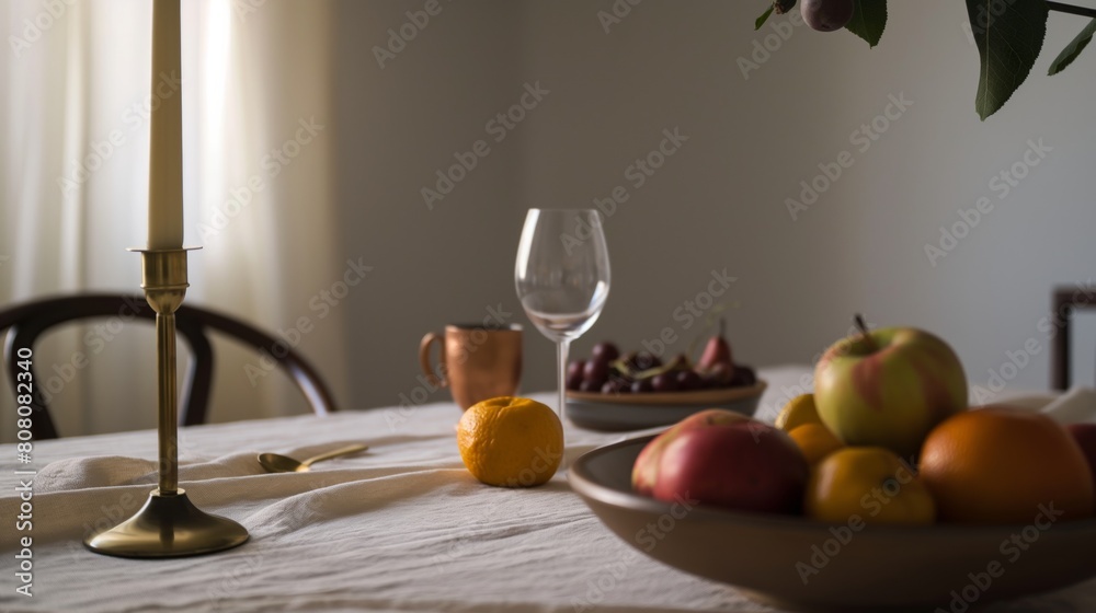 Elegant still life with fruit, candles, and dinnerware on a draped table. Elegant still life with fruit, candles, and dinnerware on a draped table.