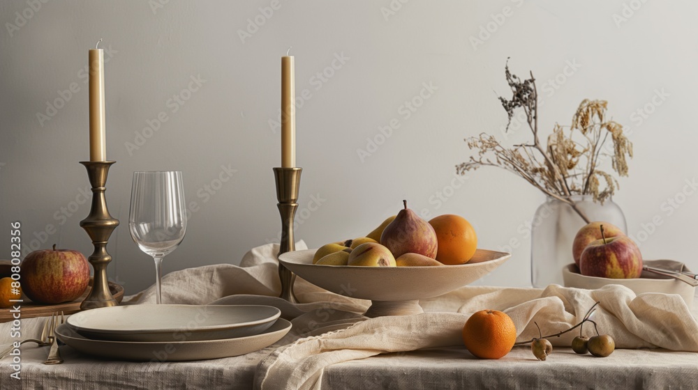 Elegant still life with fruit, candles, and dinnerware on a draped table. Elegant still life with fruit, candles, and dinnerware on a draped table.