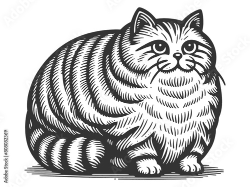 chubby fat domestic cat sitting sketch engraving generative ai fictional character vector illustration. Scratch board imitation. Black and white image.