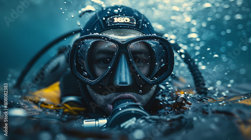 A closeup of Scuba Diving Diving gear, against Water as background, hyperrealistic sports accessory photography, copy space