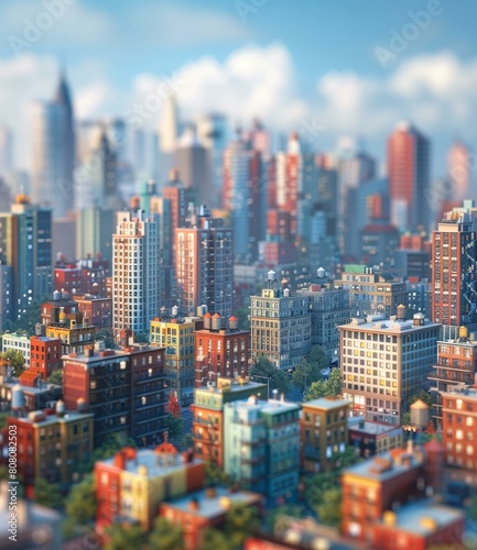 A miniature city with colorful buildings and a blue sky