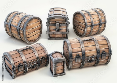 A variety of wooden barrels and chests with metal hardware