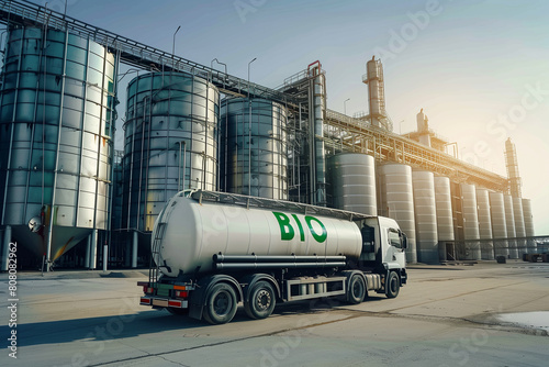 Biofuel Transport Truck Parked at Industrial Storage Facility During Sunset