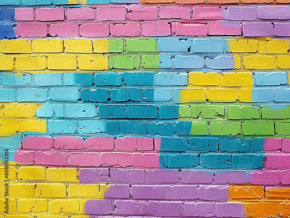 Brightly colored brick wall, offering a playful and vibrant background for creative projects Brightly colored brick wall, offering a playful and vibrant background for creative projects