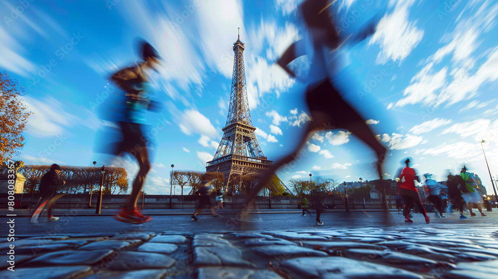 Fototapeta premium Olympic games picture concept. Motion blur of many athletes running on the city street with eiffel tower background.