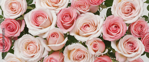 Elegant floral bouquet of pink roses on a beige background, perfect for weddings and romantic occasions, with plenty of copy space and a top view perspective 