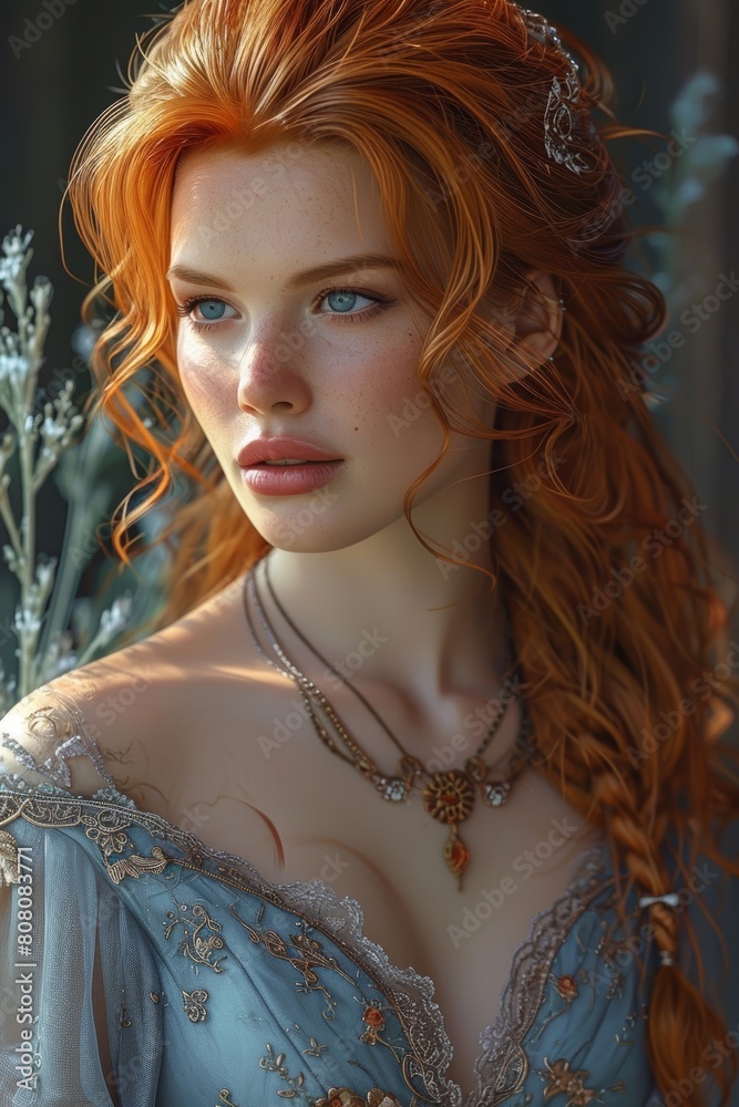 mediel woman, ginger hair, she is wearing medieval noble soft blue dress