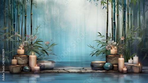 Design a watercolor background showcasing a serene spa setting with candles  bamboo  and a tranquil water feature