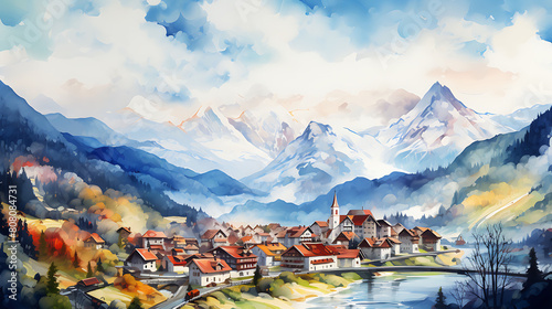 Design a watercolor background showcasing a panoramic view of the Alps with quaint villages nestled in the valleys photo