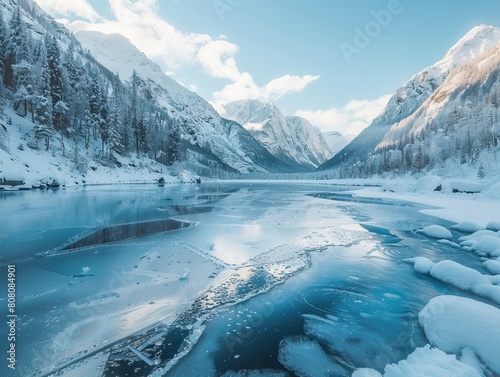 Frozen rivers beneath snow-capped mountains, icebound waterfalls in winter's embrace, nature's quietude photo