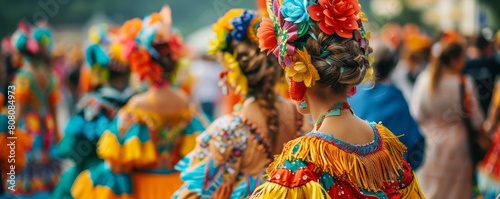 A group of women wearing colorful clothing and flowery headdresses photo