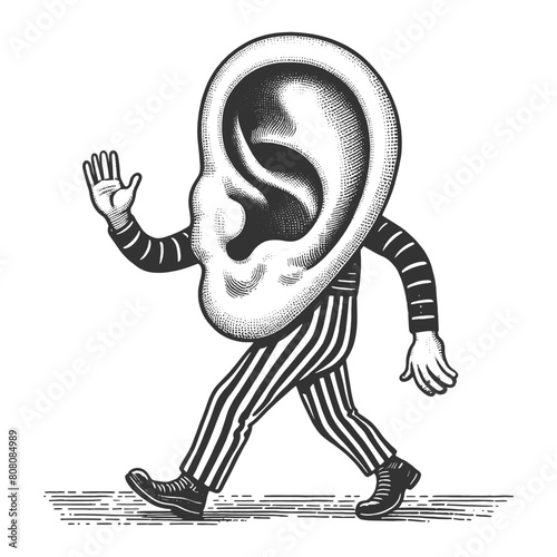 Walking human ear cartoon sketch engraving generative ai fictional character vector illustration. Scratch board imitation. Black and white image.