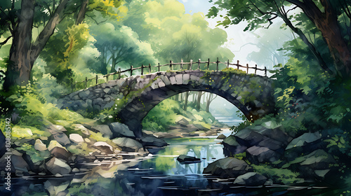 Design a watercolor background showcasing a quaint bridge over a peaceful stream in a lush, green forest