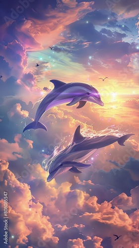 A duo of dolphins with fins like silk  leaping through clouds in a sky where the sun sets in all colors