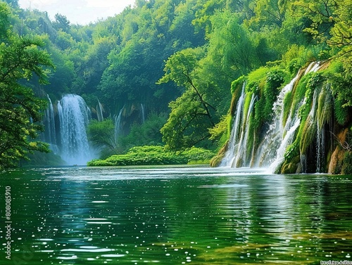 Lush greenery embracing cascading waterfalls  serene rivers flowing through forests  nature s tranquility