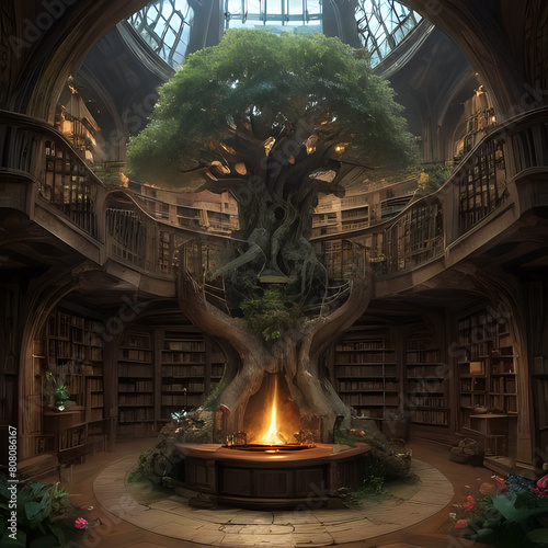 a tree in the middle of a library with a fire pit