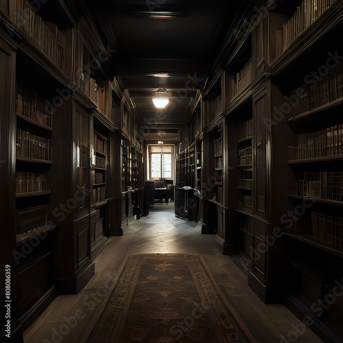 a view of a long hallway with a carpet and bookshelves