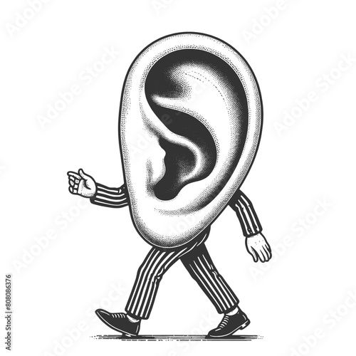 Walking human ear cartoon sketch engraving generative ai fictional character vector illustration. Scratch board imitation. Black and white image.
