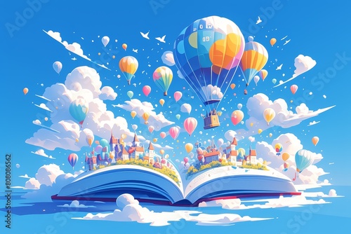 An open book with colorful paper cut clouds, hot air balloons and flying toys floating on it