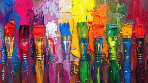 Richly colored paintbrushes on canvas