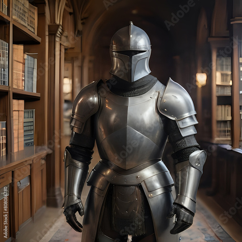 a knight in armor standing in a library with bookshelves
