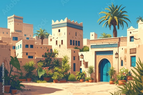 Arabian desert town with beige buildings, in the style of cartoon.