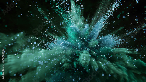 A visually captivating explosion of jade green and sapphire blue powder, resembling a precious gemstone being formed in the darkness, with sparkling particles suspended in air.