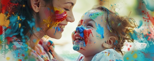 A woman and a child are covered in paint, with the woman holding the child, Mother's Day.