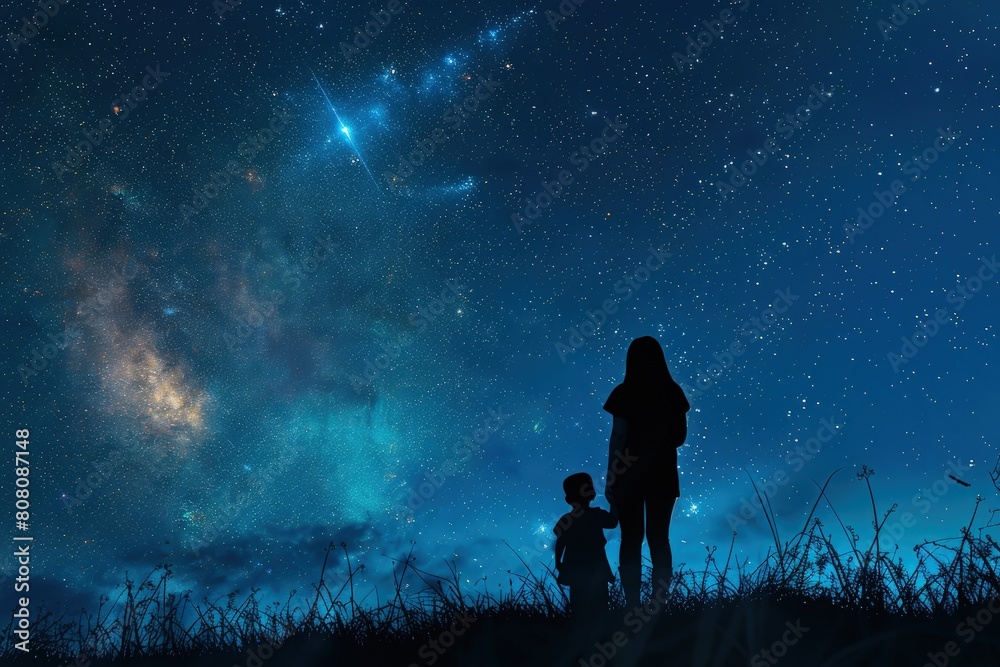 A woman and a child are standing on a hillside, looking up at the stars, Mother's Day.