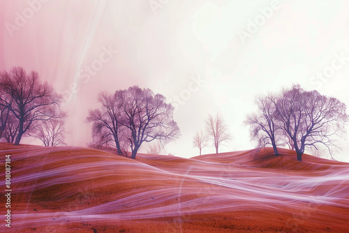 psychedelic landscape with trees  fields  hills  soft colors  brown  pink  purple  orange  a dreamy sky  gradient