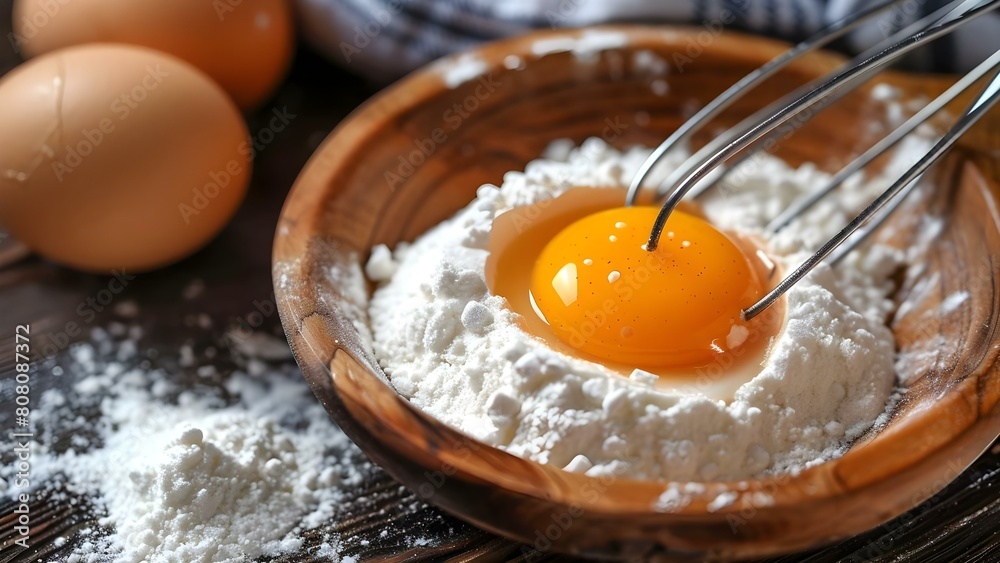 Close-up Image of Yellow Yolk, White Flour, and Whisk with Eggs. Concept Food Photography, Close-up Shots, Baking Ingredients, Kitchen Essentials Close-up Image of Yellow Yolk, White Flour, and Whisk with Eggs. Concept Food Photography, Close-up Shots, Baking Ingredients, Kitchen Essentials