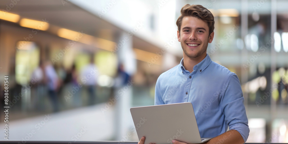 Young Man Holding a Laptop in a Modern Indoor Setting with a Smile Young Man Holding a Laptop in a Modern Indoor Setting with a Smile