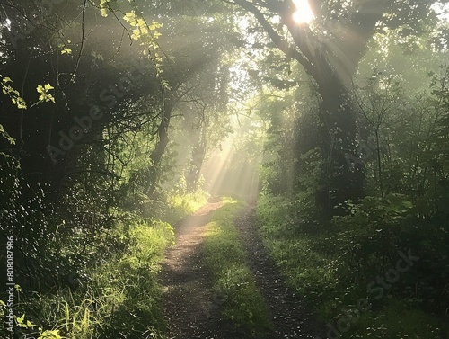 Sunlight piercing through misty forest canopy  early morning dew on lush green foliage  hidden woodland path