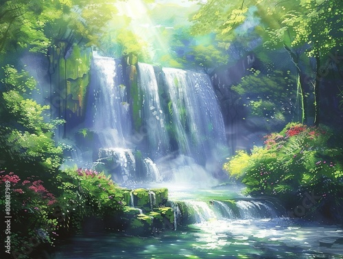 Sunlight filtering through trees onto gentle rivers  waterfalls blending with nature s chorus  pure harmony