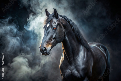 Black Horse Portrait in Mysterious Dark Smoke - 50mm Lens Photography